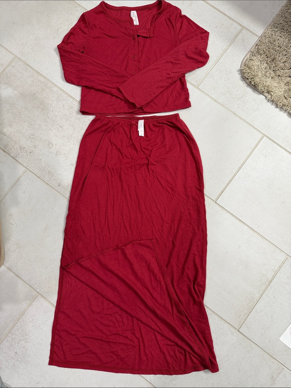 Auden Ribbed Two-Piece Sleep Set - Red